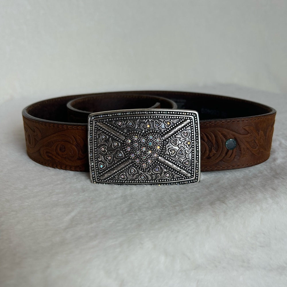 Tony Lama Women’s Filigree Trophy Leather Belt Heart Rhinestone Buckle Size 36